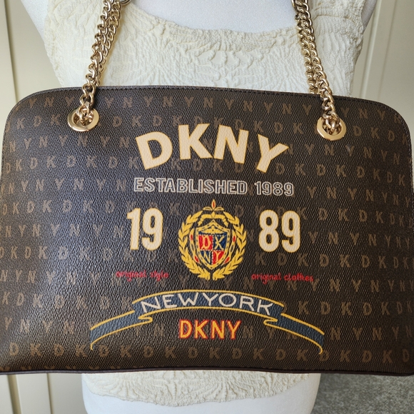 DKNY Signature Logo Maddison Dome Shoulder Bag Satchel Top Zip Brown Gold Chain - Picture 3 of 16